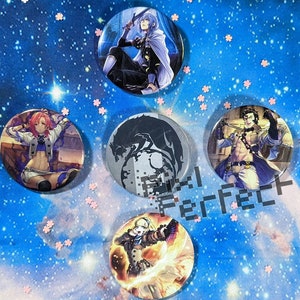 May include: Four round pins with different images. The first pin features a blue-haired character in a blue and white outfit holding a sword. The second pin features a wolf silhouette on a gray background. The third pin features a character with red hair in a blue and white outfit. The fourth pin features a character with brown hair in a blue and white outfit holding a sword.