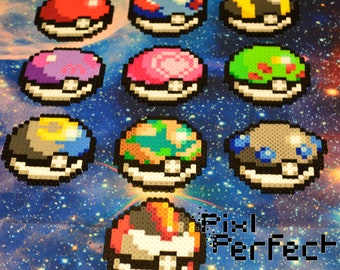 May include: Ten different Pokeball designs made with colorful perler beads. Each Pokeball is a different color and has a different design. The Pokeballs are arranged in a grid pattern on a blue and white background. The text "Pixel Perfect" is visible in the bottom right corner of the image.