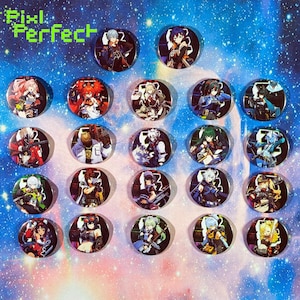 May include: A set of 20 round, colorful buttons featuring anime characters. The buttons are arranged in a grid pattern on a blue and purple galaxy-themed background. The text "Pixel Perfect" is in the top left corner of the image.
