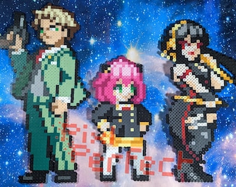 May include: Three pixel art figures made of colorful beads. The figure on the left is a man wearing a green jacket and holding a gun. The figure in the middle is a person with pink hair wearing a black and gold outfit. The figure on the right is a person with black hair wearing a black and gold outfit.