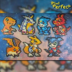 May include: A collection of pixel art characters in various colors, including orange, blue, yellow, and red. The characters are arranged against a starry background, with the text "Pixel Perfect" in the upper right corner.