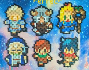 May include: Six pixel art figures in various colors, including blue, brown, and yellow, are displayed against a starry background. The figures appear to be characters from a video game. The text "Pixl Perfect" is in yellow at the top.