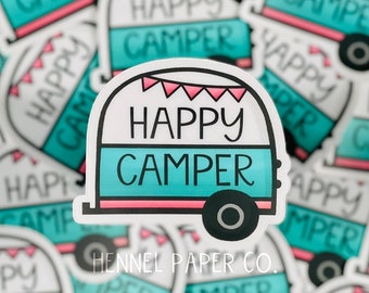 Happy Camper Sticker - Clear Vinyl Camping Sticker - Gift For Her - Water Bottle Decal - Laptop Decal - Waterproof Sticker - Hennel Paper Co