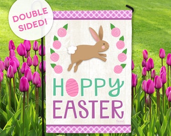 Hoppy Easter Garden Flag - Easter Bunny Garden Flag - DOUBLE SIDED Ready to Ship Modern Welcome Flag Outdoor Yard Decor Hennel Paper Co