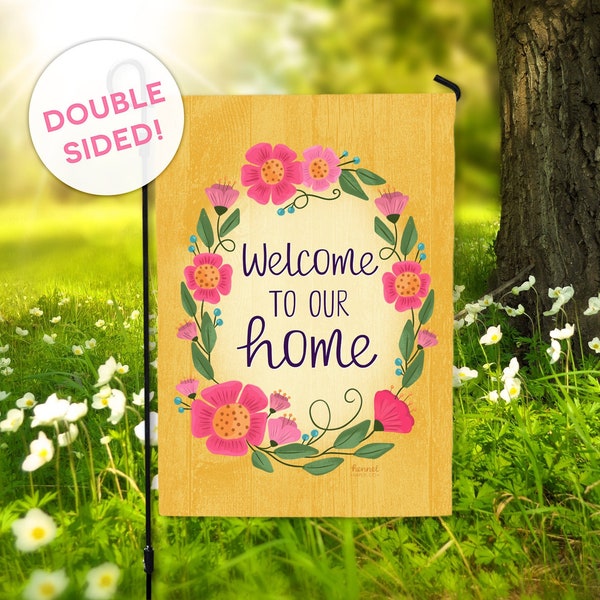 Welcome To Our Home Garden Flag Yellow Flowers Spring Summer Flag DOUBLE SIDED Ready to Ship Modern Outdoor Yard Decor Hennel Paper Co FL48