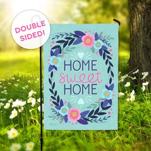 Bandera de jardín "Hogar, dulce hogar": corona floral de doble cara