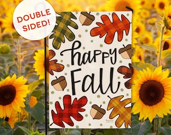 Happy Fall Garden Flag - DOUBLE SIDED - Ready to Ship - Plaid Leaves Harvest Autumn Farmhouse Welcome Flag Yard Decor Hennel Paper Co