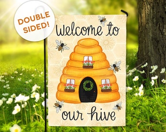 Welcome to Our Hive Garden Flag Yellow Bee Spring Summer Fall Flag DOUBLE SIDED Ready to Ship Modern Outdoor Yard Decor Hennel Paper Co.