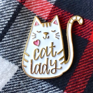 Cat Lady Enamel Pin: White Cat Brooch with Gold Finish