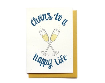 Wedding Card - Cheers to a Happy Life - Wedding - Congratulations Champagne Glass Toast