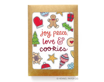 Christmas Card Boxed Set - Funny Christmas Card Set - Holiday Cards - Christmas Cards  Joy Peace Love Cookies - Hennel Paper Co.