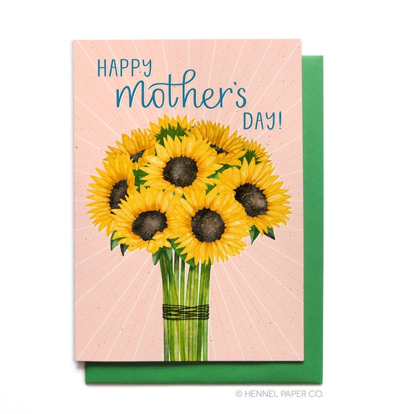 Happy Mothers Day Card - Pretty Watercolor Sunflowers Flowers - Floral Garden Mom Card - Mothers Day Card Unique - Hennel Paper Co. MD39