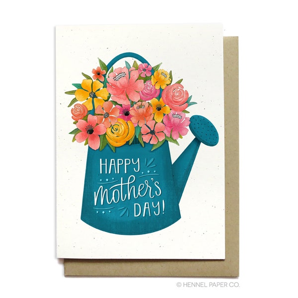 Happy Mothers Day Card - Watering Can - Pretty Watercolor Flowers - Floral Garden Mom Card - Mothers Day Card Unique - Hennel Paper Co. MD38
