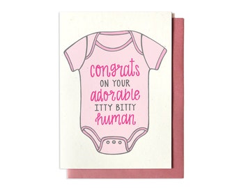 New Baby Card - Baby Shower Card - Onesie Card - Congrats on your adorable itty bitty human - pink, blue or yellow - congratulations baby