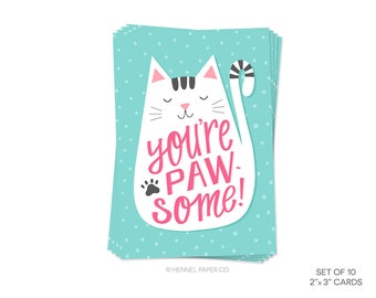 Little Notecard Set of 10 - Youre Pawsome - Cat Thank You Notes - Cat Motivational Cards - Hennel Paper Co. - LN1