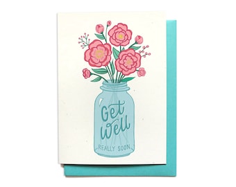 Get Well Card - Get Well Mason Jar with Flowers - Get Well Really Soon