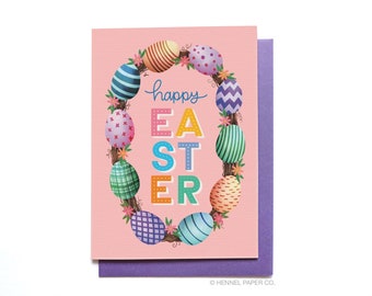 Happy Easter Card -  Happy Easter - Easter Egg Wreath - Easter Greeting card - Hennel Paper Co. EA12