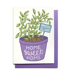 May include: A purple potted plant with green leaves and a blue sign that says "Congrats on your new home" and the text "Home sweet home" on the pot.