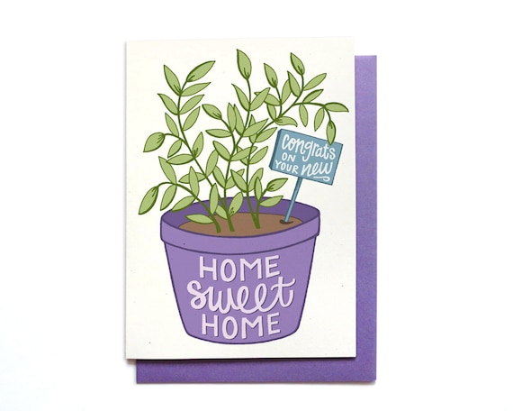 Home Sweet Home Housewarming Card: Plant Illustration, Purple Envelope
