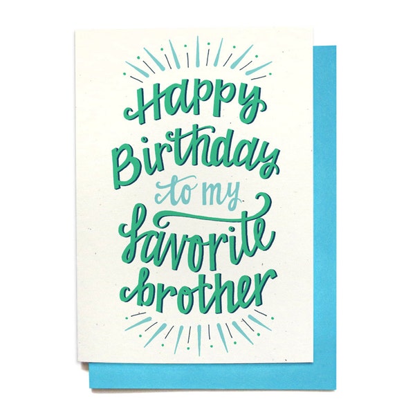 Brother Birthday Card - Happy Birthday to my Favorite Brother - Hand Lettering - Illustrated Card