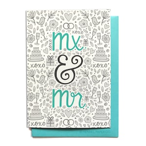May include: A white card with a gray and teal pattern of hearts, birds, flowers, cakes, and gifts. The text "mr & mrs" is written in teal and black.