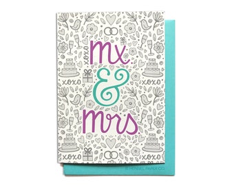 Gender Neutral Mx & Mrs Wedding Card - Wedding Congratulations Congrats Transgender Gender-Nonconforming Nonbinary - Hennel Paper Co. WD15