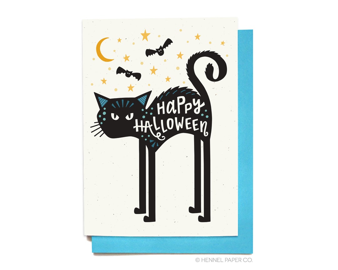 Black Cat Halloween Card – Illustrated Greeting Card With Moon and Bats ...