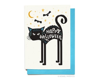 Black Cat Halloween Card - Cute Halloween Card - Scary Happy Halloween  Card- Hennel Paper Co. HW8