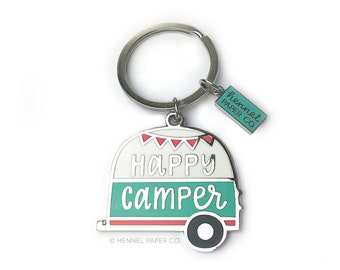 Happy Camper Enamel Keychain - Gift for Her - Best friend gift - Camping Keychain - Camping Gift - Hennel Paper Co