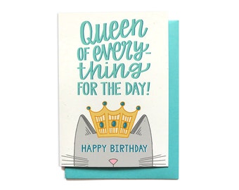 Carte d’anniversaire amusante - Carte d’anniversaire de chat - Anniversaire de dame de chat - Reine de tout pour la journée - Carte d’anniversaire d’ami - BD43