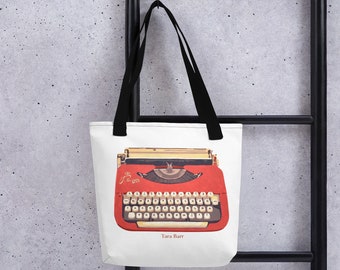 red typewriter tote bag,typewriter tote bag,bag writer,writer bag,bag poet,poet bag,tote bag author,library bag,library book bag