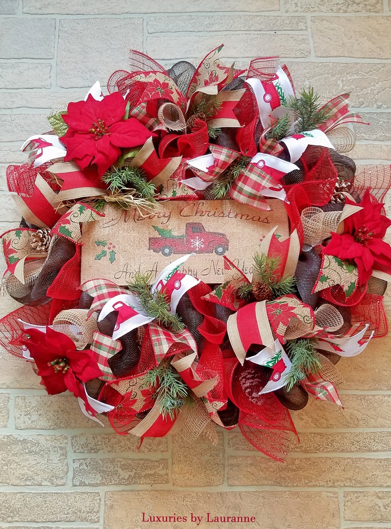 FREE SHIPPING Rustic Christmas Wreath with Red Truck Sign Red Truck Winter Wreath Deco Mesh Merry Christmas Wreath Holiday Decor Wreath