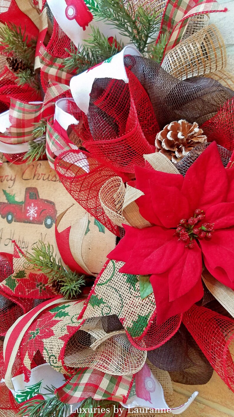 FREE SHIPPING Rustic Christmas Wreath with Red Truck Sign Red Truck Winter Wreath Deco Mesh Merry Christmas Wreath Holiday Decor Wreath
