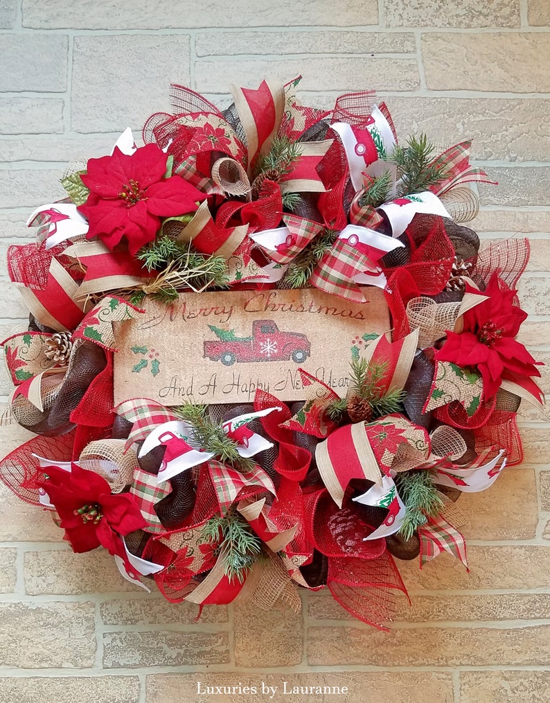 FREE SHIPPING Rustic Christmas Wreath with Red Truck Sign Red Truck Winter Wreath Deco Mesh Merry Christmas Wreath Holiday Decor Wreath