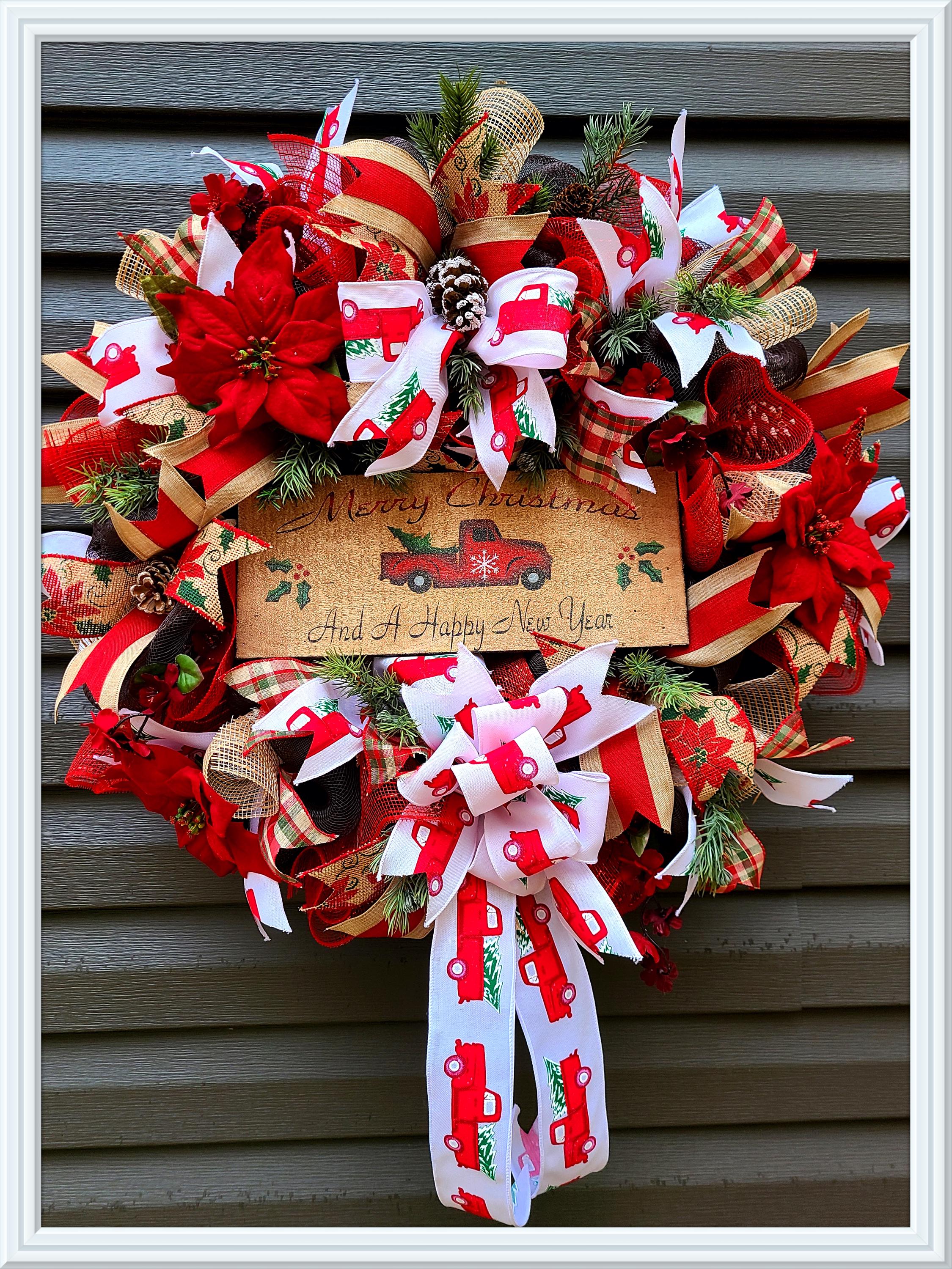 Rustic Red Truck Christmas Wreath, Country Holiday Door Decor
