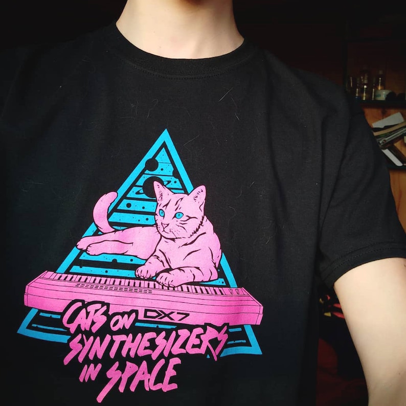 Cats On Synthesizers In Space Neon T-Shirt image 3