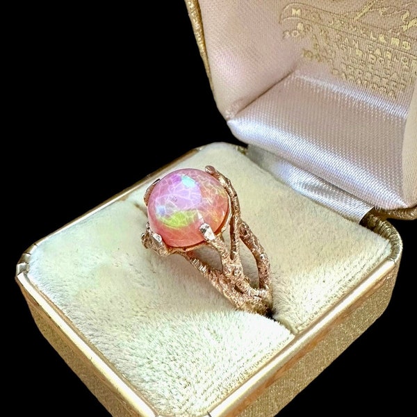 Vintage OPAL Ring 14k Gold Ring WELO Ethiopian HONEYCOMB Peach Opal Brutalist Ring Brand Rare Fire Highend Luxury Hallmarked Unique Amazing