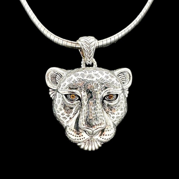 JOHN HARDY Pendant Leopard Pendant Enhancer Sterling Silver Leo Citrine Eyes Designer Signed Massive Detailed Statement Cat Tiger Lion