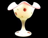 Vintage FENTON Compote Berries and Blossoms Fenton Hand Painted Fenton Custard Glass White Pink Fenton Candy Dish RARE Signed Labels In Tact
