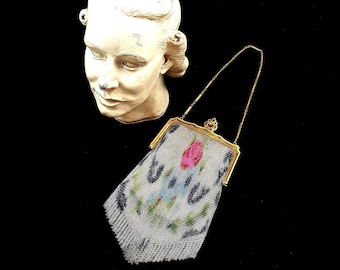 Vintage WHITING DAVIS Purse Baby Mesh Purse Flowers Roses Watercolor EXCELLENT Gifts For Her Original Beveled Mirror Fringe Art Deco Fab