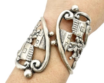 Vintage Mexican Clamper Bracelet Cactus Signed Sterling Silver Southwestern Western rare Taxco Scene Storyteller F Balderas Mexico Cuff
