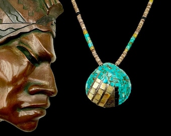 Vintage SANTO DOMINGO Necklace TURQUOISE Native American Sterling Silver Pendant Necklace Jet Amber Inlaid Heishi Shell Statement Necklace