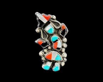 Vintage Rainbow Man Ring Zuni Sterling Silver Ring Native American Ring Inlaid Knifewing Rainbow Dancer Signed R Harker Turquoise MOP Coral