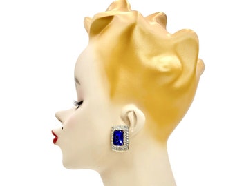 Vintage LES BERNARD EARRINGS Vo Clipon Earrings Gold Plated Glass Rhinestone Earrings 1990s Runway Signed Highend Luxury Something Blue Nice