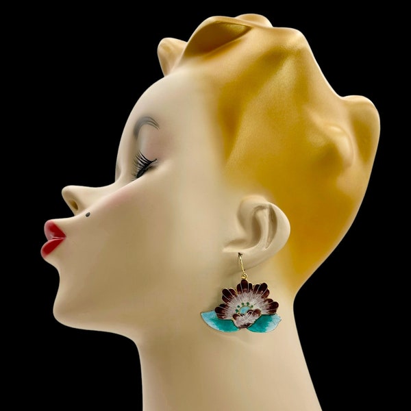 Pendientes vintage de exportación china, pendientes de loto, pendientes asiáticos esmaltados, pendientes colgantes de flores, oro sobre plata de ley, jardín púrpura turquesa