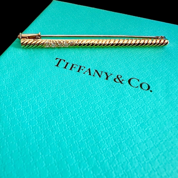 Vintage Tiffany Co Brooch 14k Gold Brooch Diamond Brooch Rope Twist Trombone Clasp Hallmarked Designer Signed Bling Yellow Gold So Good Gift