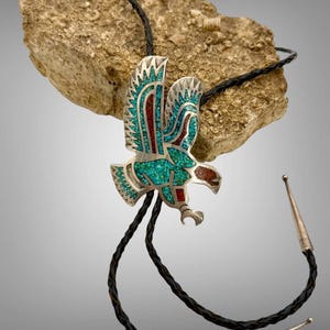 Vintage Bolo Tie Native American Sterling Silver Crushed Turquoise Coral Signed GR Patriotic America