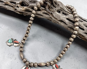 Collana vintage nativa americana con perline Navajo turchesi e coralline, firmata A, in argento sterling, patriottica USA