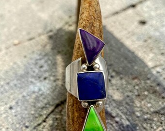 Vintage Native American Ring Sterling Silver Ring Bypass Ring Long Ring Gaspeite Lapis Sugilite Adjustable Ring Southwest Spring Easter Gift