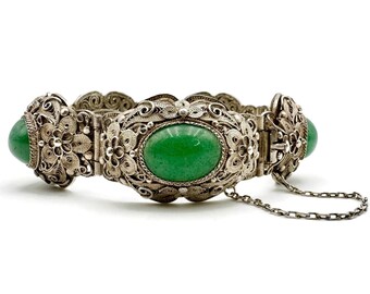 Vintage CHINESE EXPORT Bracelet Sterling Silver Bracelet Jade Bracelet Filigree Bracelet Green Jade Tested Jadiete Heavy